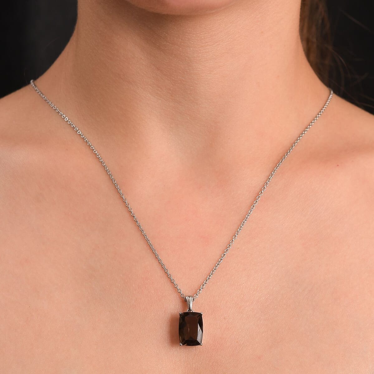 Ever True Brazilian Smoky Quartz 6.35 ctw Solitaire Pendant Necklace 20 Inches in Stainless Steel  image number 2