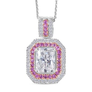 D'Joy Moissanite and Madagascar Pink Sapphire 3.40 ctw Art Deco Pendant Necklace in Rhodium Over Sterling Silver 20 Inches