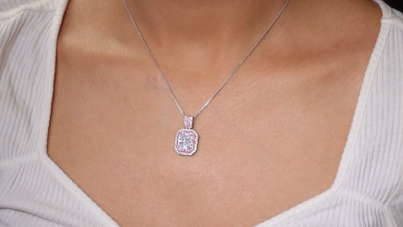 D'Joy Moissanite and Madagascar Pink Sapphire 3.40 ctw Art Deco Pendant Necklace in Rhodium Over Sterling Silver 20 Inches