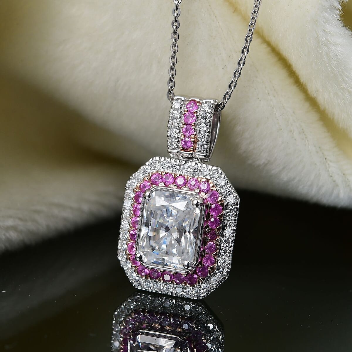 D'Joy Moissanite and Madagascar Pink Sapphire 3.40 ctw Art Deco Pendant Necklace in Rhodium Over Sterling Silver 20 Inches image number 1