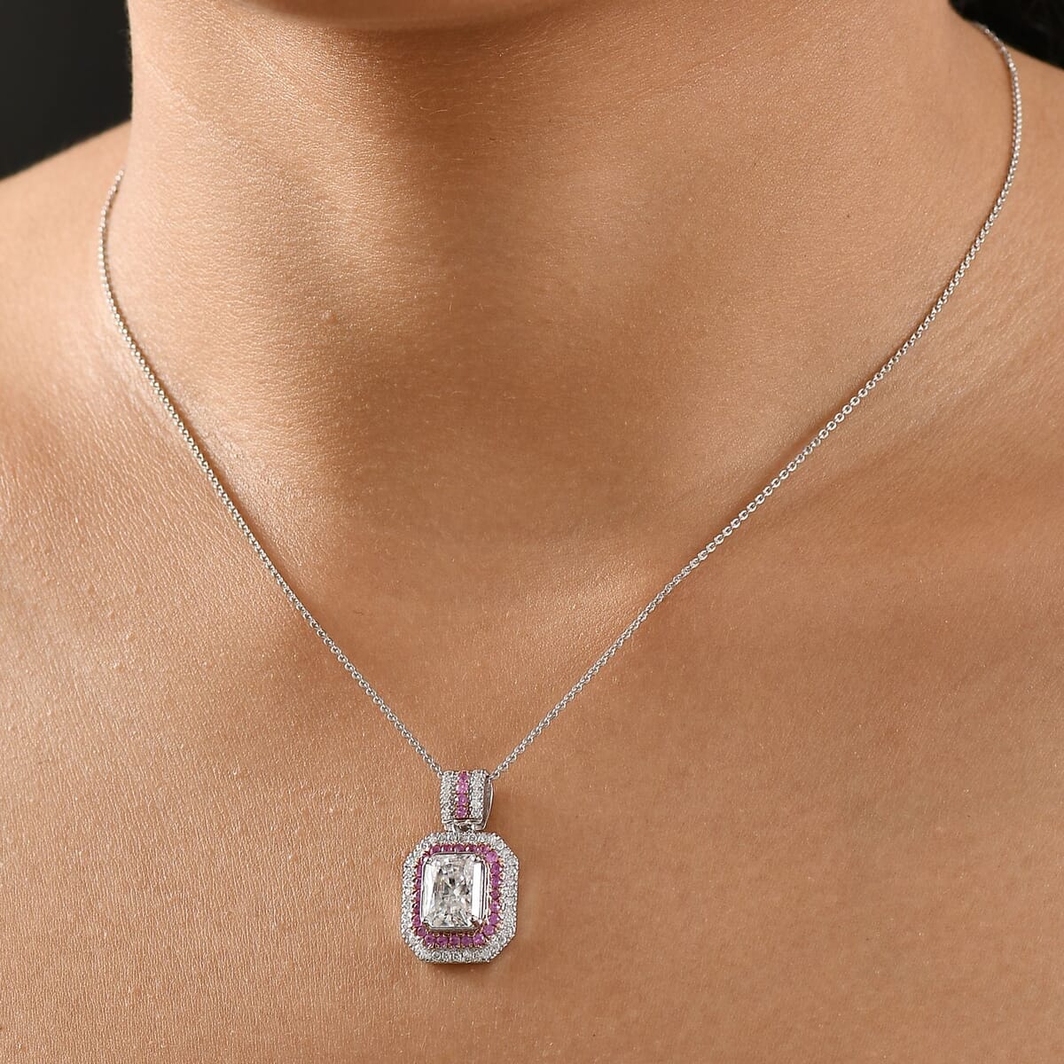 D'Joy Moissanite and Madagascar Pink Sapphire 3.40 ctw Art Deco Pendant Necklace in Rhodium Over Sterling Silver 20 Inches image number 2