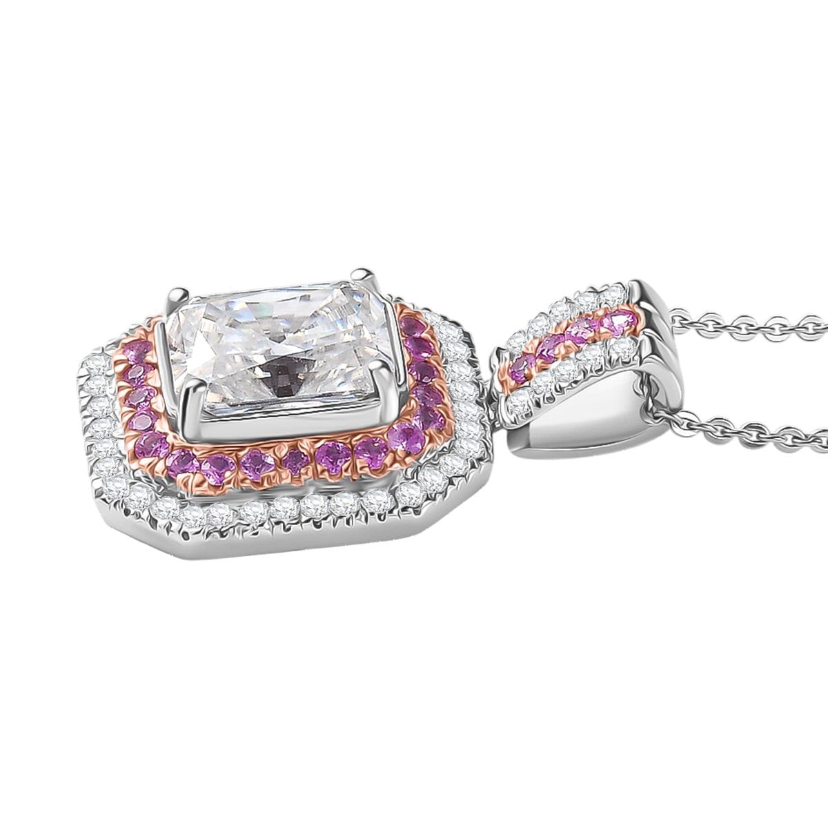 D'Joy Moissanite and Madagascar Pink Sapphire 3.40 ctw Art Deco Pendant Necklace in Rhodium Over Sterling Silver 20 Inches image number 3