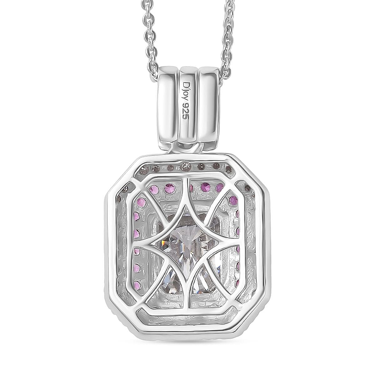 D'Joy Moissanite and Madagascar Pink Sapphire 3.40 ctw Art Deco Pendant Necklace in Rhodium Over Sterling Silver 20 Inches