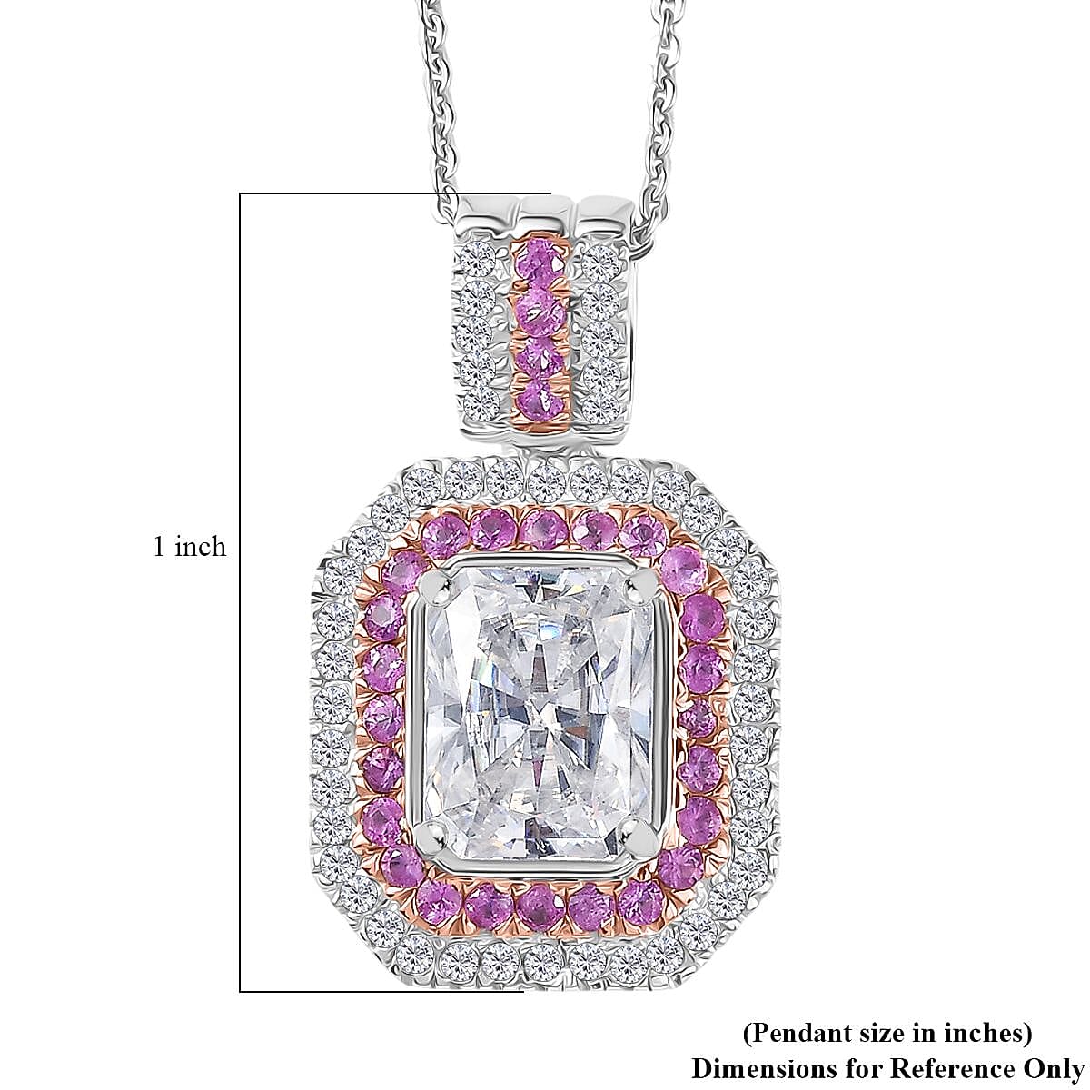 D'Joy Moissanite and Madagascar Pink Sapphire 3.40 ctw Art Deco Pendant Necklace in Rhodium Over Sterling Silver 20 Inches