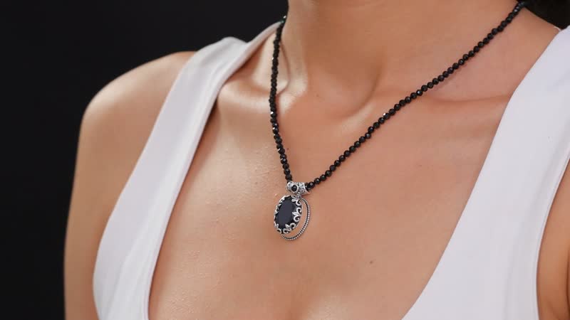 Thai Black Spinel 50.65 ctw Midnight Empress Pendant with Beaded Necklace 20 Inches in Rhodium Over Sterling Silver