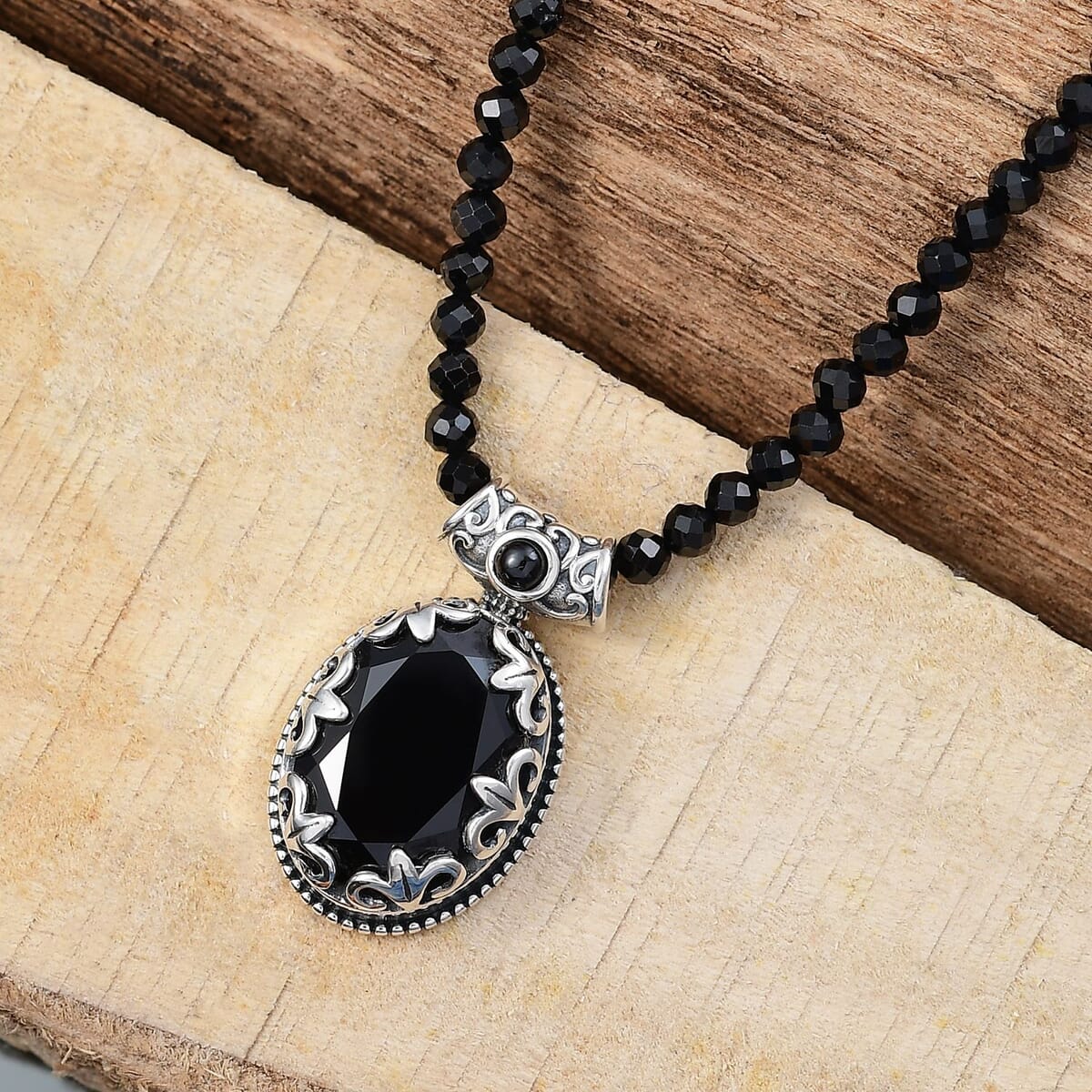 Thai Black Spinel 50.65 ctw Midnight Empress Pendant with Beaded Necklace 20 Inches in Rhodium Over Sterling Silver  image number 1