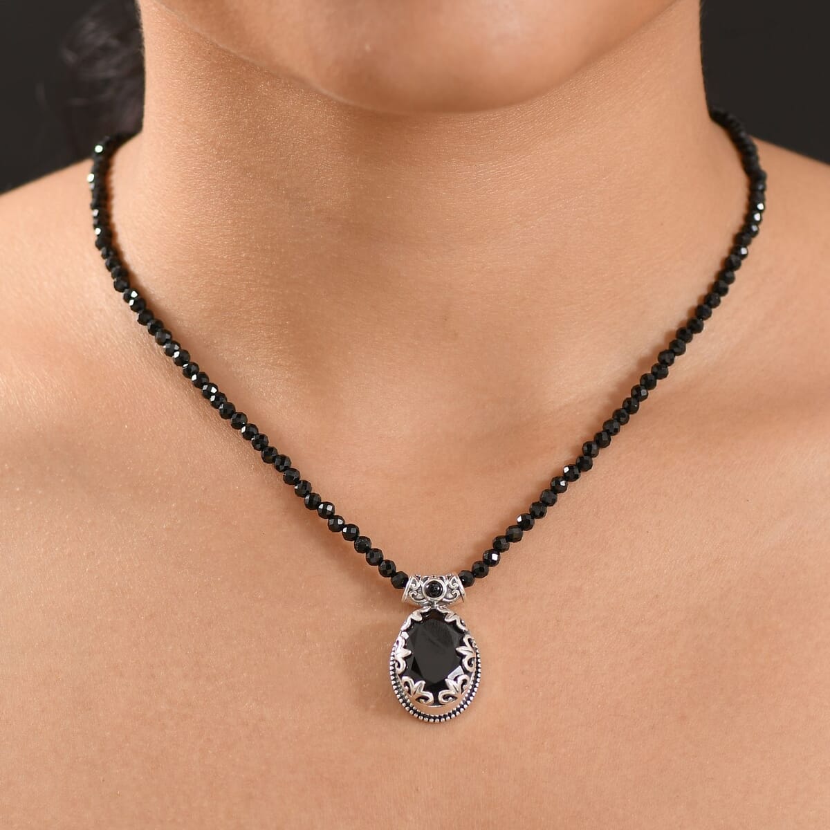 Thai Black Spinel 50.65 ctw Midnight Empress Pendant with Beaded Necklace 20 Inches in Rhodium Over Sterling Silver  image number 2