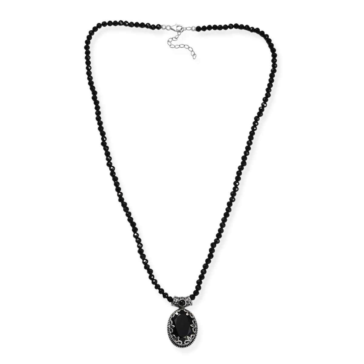 Thai Black Spinel 50.65 ctw Midnight Empress Pendant with Beaded Necklace 20 Inches in Rhodium Over Sterling Silver  image number 3