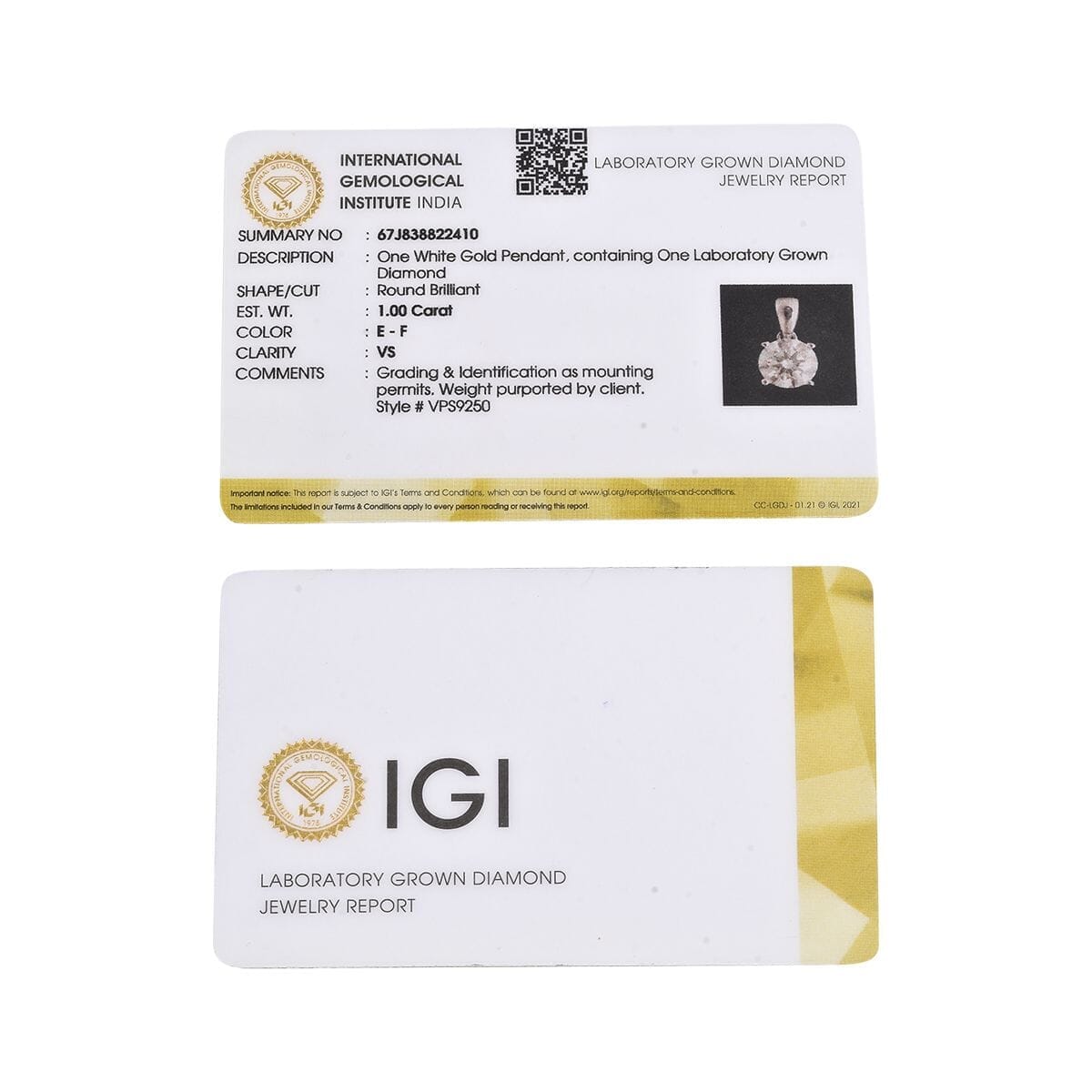 IGI Certified Luxuriant Lab Grown Diamond E-F VS Solitaire Pendant Necklace in 10K Yellow Gold 20 Inches 1.00 ctw image number 6
