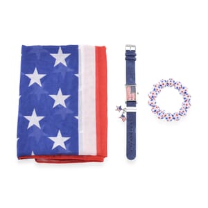 Strada Japanese Movement American Flag Pattern Watch with Blue Faux Leather Band and Matching Wooden Beaded Stretch Bracelet and Kimono