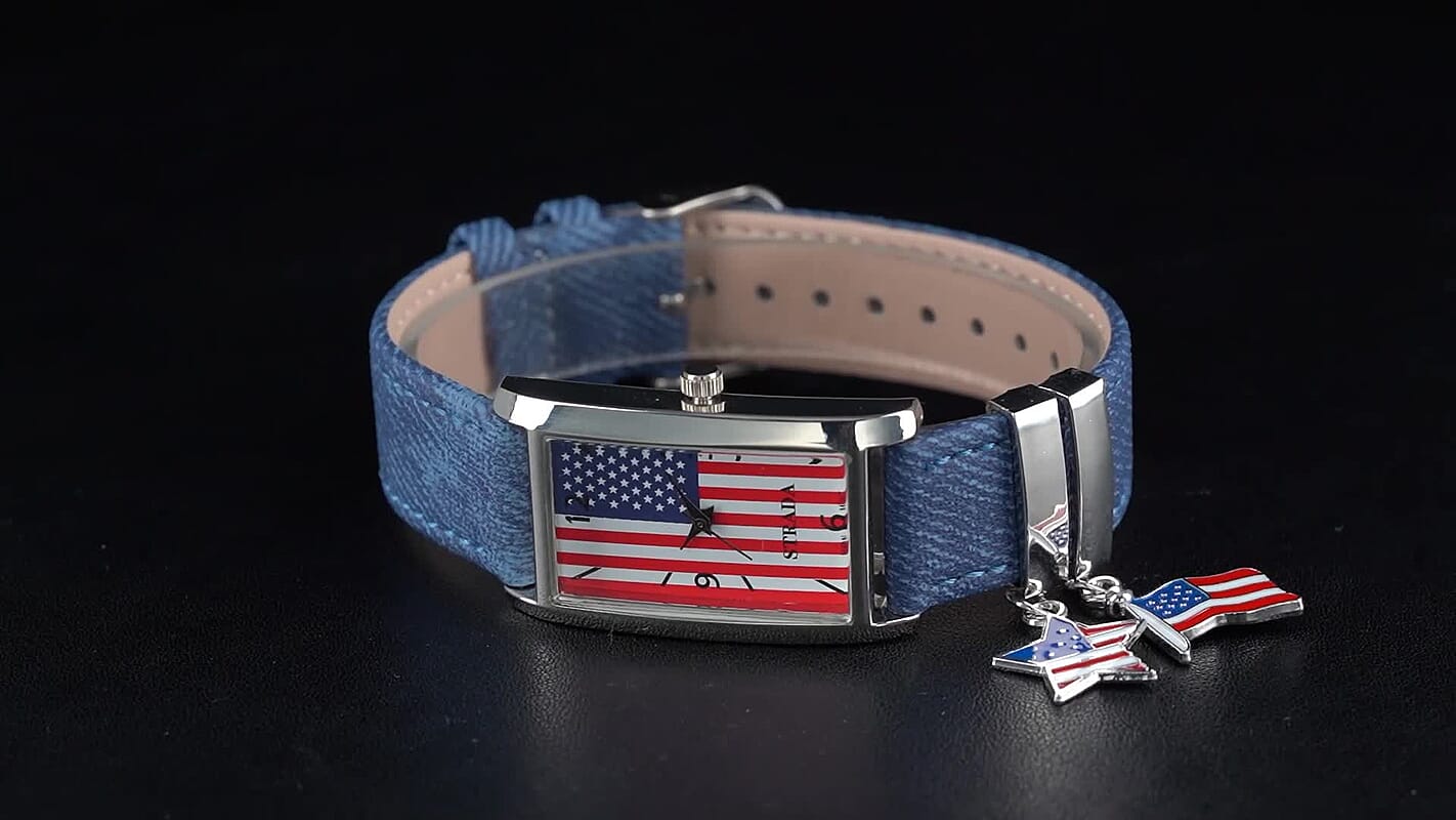 Strada Japanese Movement American Flag Pattern Watch with Blue Faux Leather Band and Matching Wooden Beaded Stretch Bracelet and Kimono