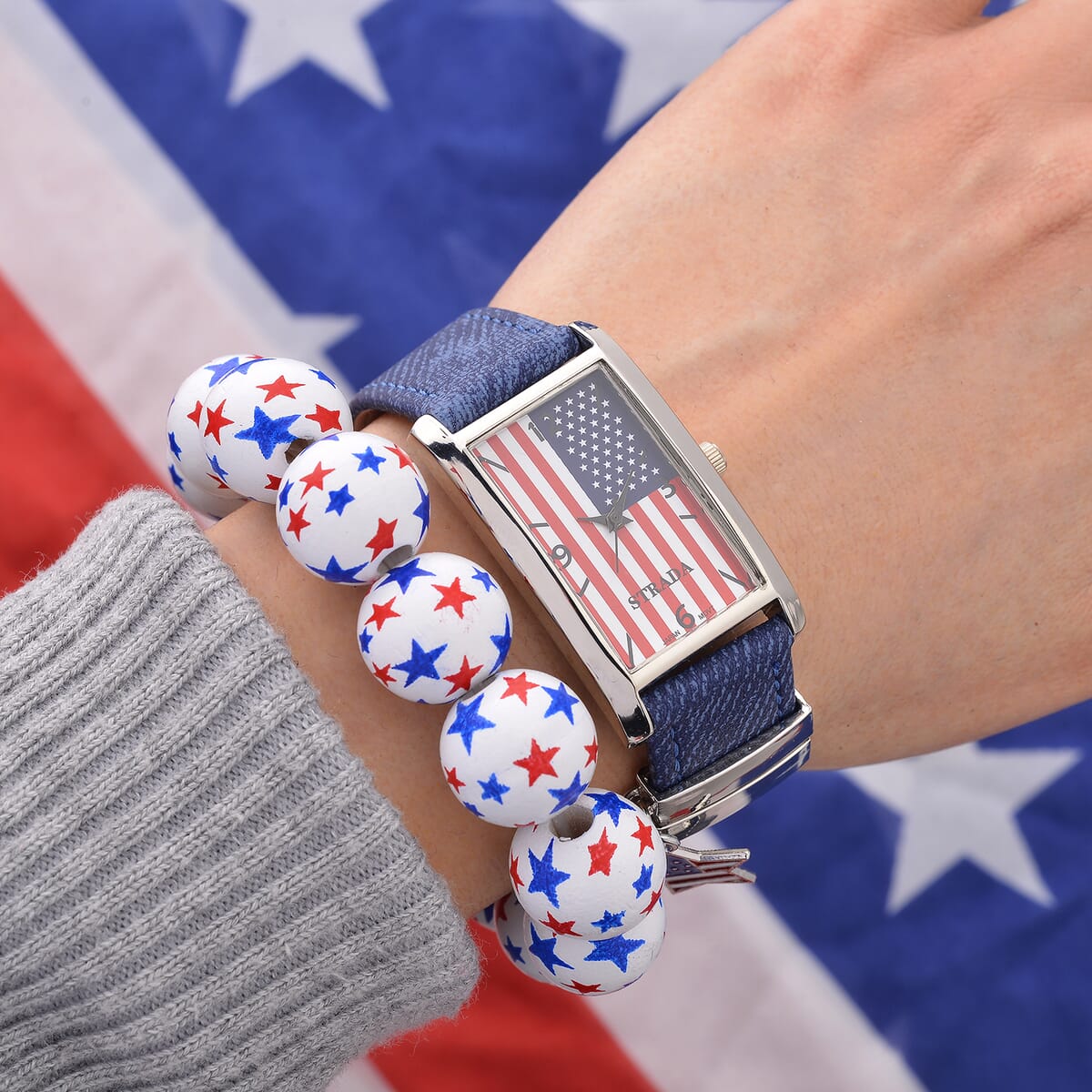 Strada Japanese Movement American Flag Pattern Watch with Blue Faux Leather Band and Matching Wooden Beaded Stretch Bracelet and Kimono image number 1