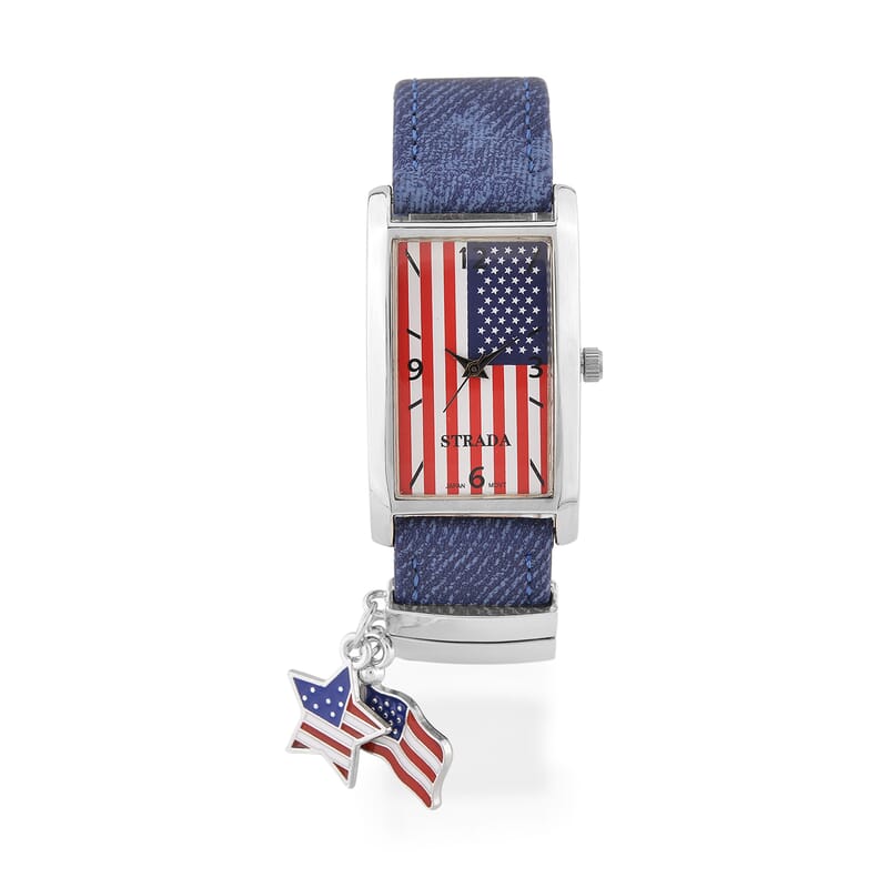 Strada Japanese Movement American Flag Pattern Watch with Blue Faux Leather Band and Matching Wooden Beaded Stretch Bracelet and Kimono