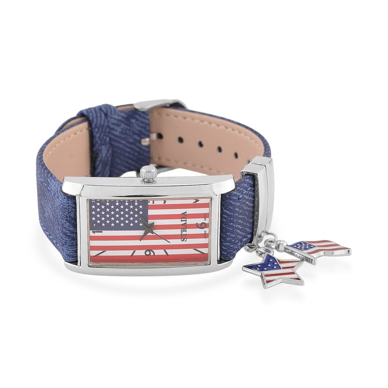 Strada Japanese Movement American Flag Pattern Watch with Blue Faux Leather Band and Matching Wooden Beaded Stretch Bracelet and Kimono