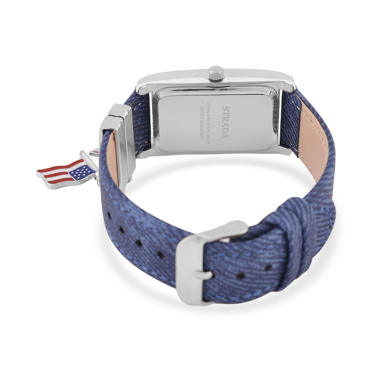 Strada Japanese Movement American Flag Pattern Watch with Blue Faux Leather Band and Matching Wooden Beaded Stretch Bracelet and Kimono image number 4