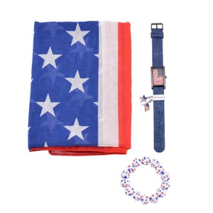Strada Japanese Movement American Flag Pattern Watch with Blue Faux Leather Band and Matching Wooden Beaded Stretch Bracelet and Kimono