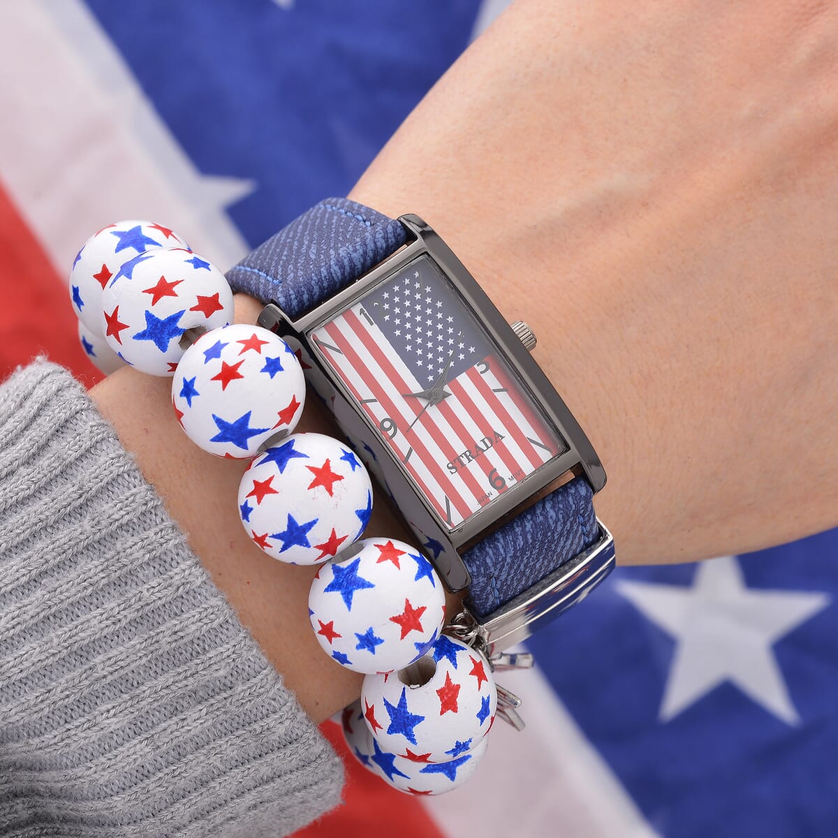 Strada Japanese Movement American Flag Pattern Watch with Blue Faux Leather Band and Matching Wooden Beaded Stretch Bracelet and Kimono image number 1