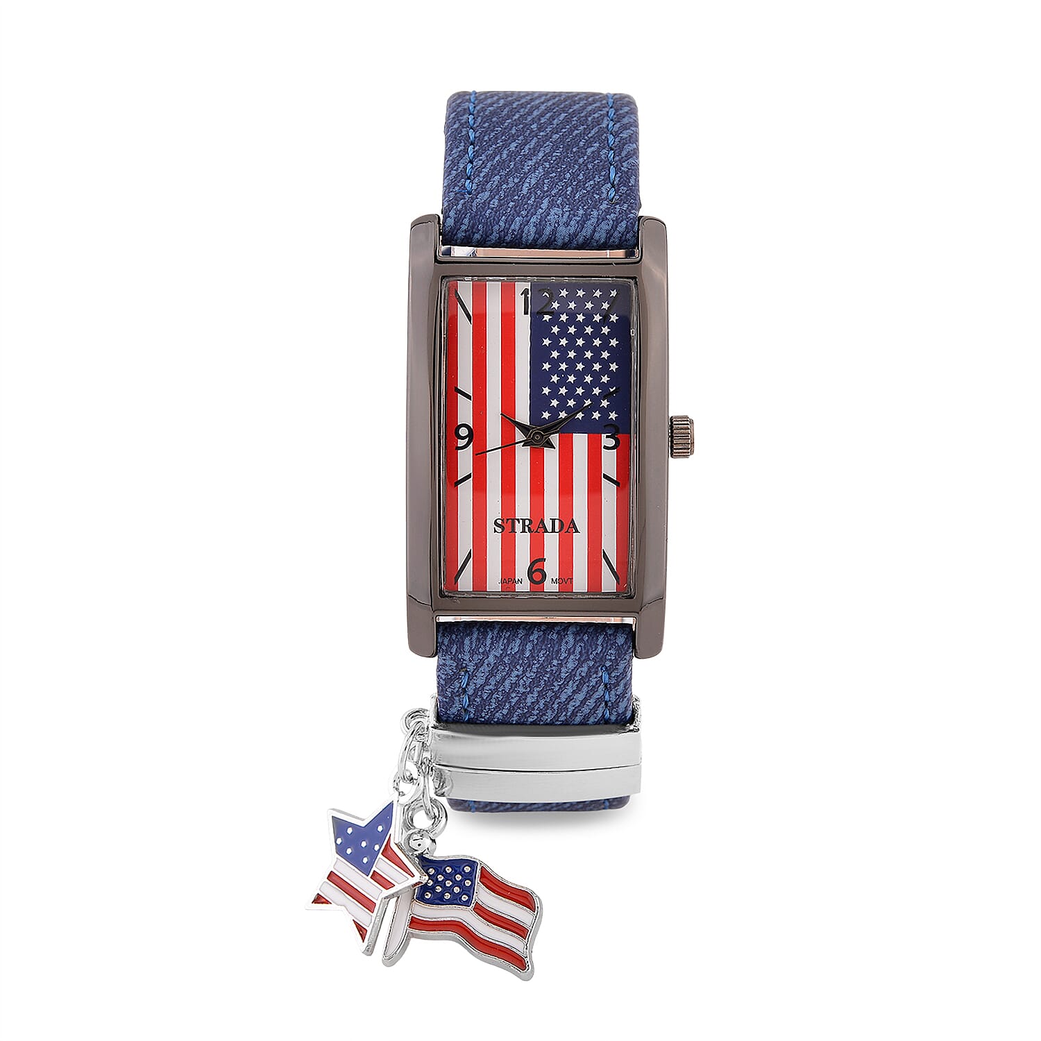 Strada Japanese Movement American Flag Pattern Watch with Blue Faux Leather Band and Matching Wooden Beaded Stretch Bracelet and Kimono