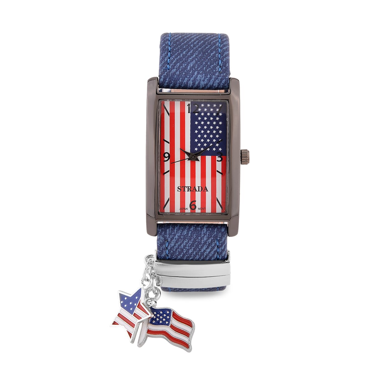 Strada Japanese Movement American Flag Pattern Watch with Blue Faux Leather Band and Matching Wooden Beaded Stretch Bracelet and Kimono image number 2