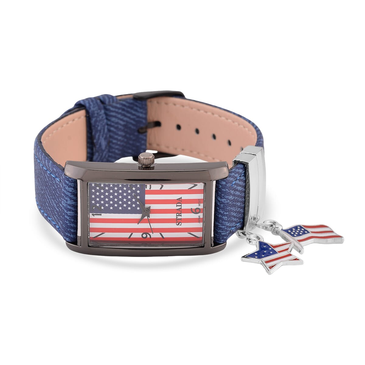 Strada Japanese Movement American Flag Pattern Watch with Blue Faux Leather Band and Matching Wooden Beaded Stretch Bracelet and Kimono image number 3
