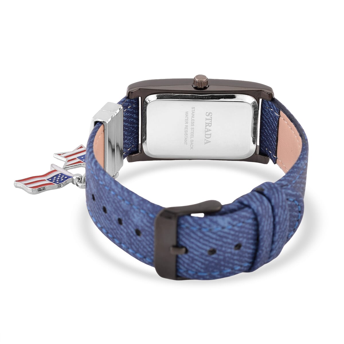 Strada Japanese Movement American Flag Pattern Watch with Blue Faux Leather Band and Matching Wooden Beaded Stretch Bracelet and Kimono image number 4