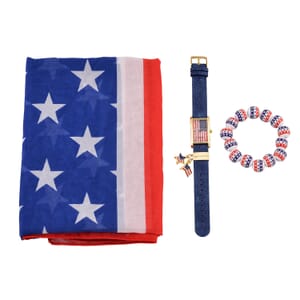 Strada Japanese Movement American Flag Pattern Watch with Blue Faux Leather Band and Matching Wooden Beaded Stretch Bracelet and Kimono