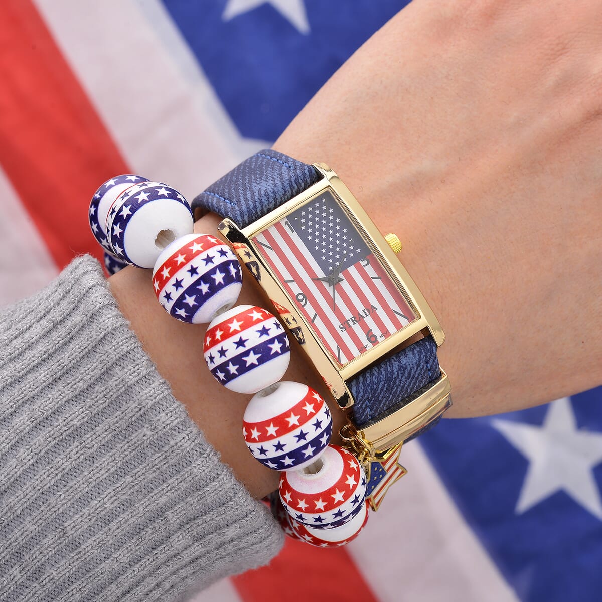 Strada Japanese Movement American Flag Pattern Watch with Blue Faux Leather Band and Matching Wooden Beaded Stretch Bracelet and Kimono image number 1