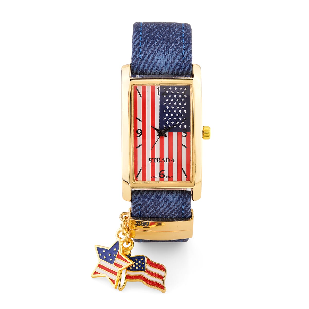 Strada Japanese Movement American Flag Pattern Watch with Blue Faux Leather Band and Matching Wooden Beaded Stretch Bracelet and Kimono image number 2