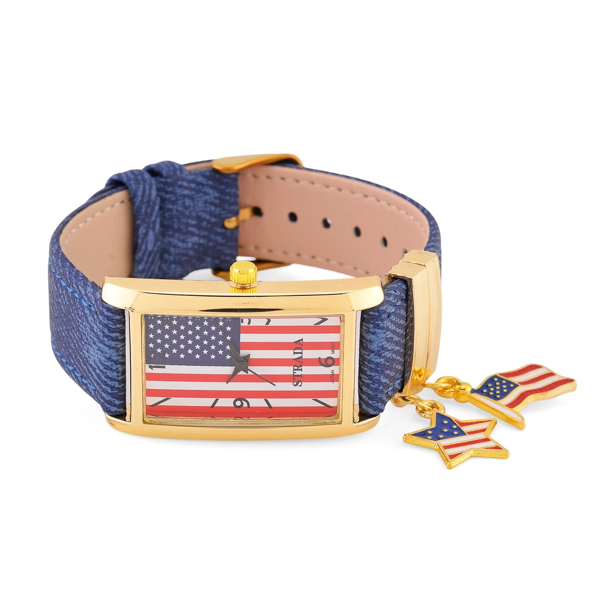 Strada Japanese Movement American Flag Pattern Watch with Blue Faux Leather Band and Matching Wooden Beaded Stretch Bracelet and Kimono image number 3