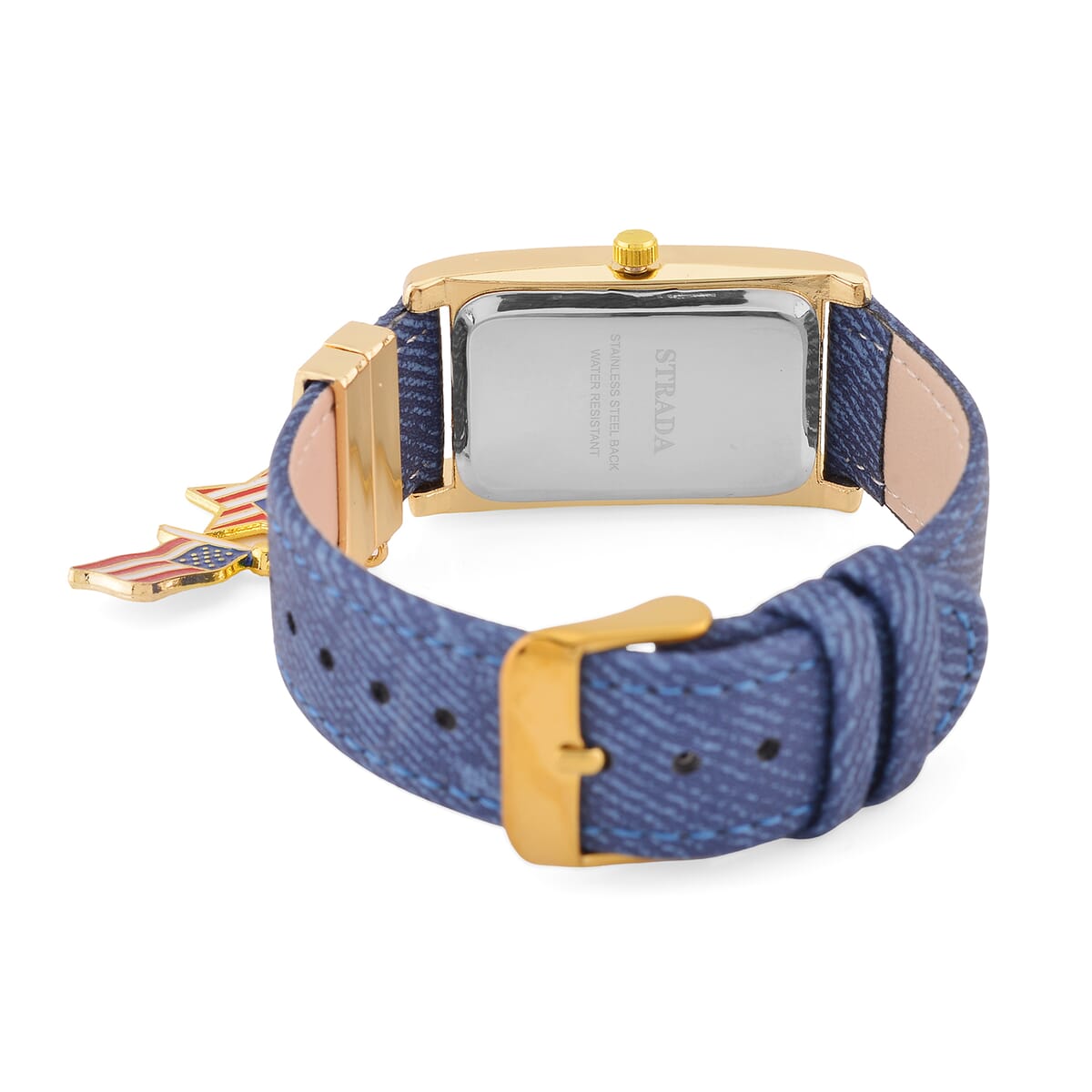 Strada Japanese Movement American Flag Pattern Watch with Blue Faux Leather Band and Matching Wooden Beaded Stretch Bracelet and Kimono image number 4
