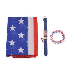 Strada Japanese Movement American Flag Pattern Watch with Blue Faux Leather Band and Matching Wooden Beaded Stretch Bracelet and Kimono