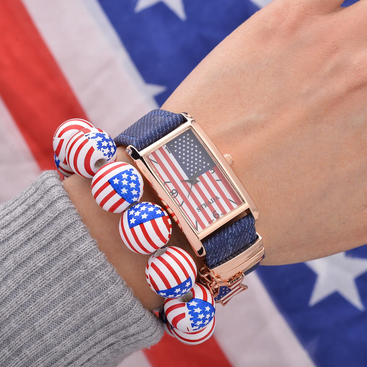 Strada Japanese Movement American Flag Pattern Watch with Blue Faux Leather Band and Matching Wooden Beaded Stretch Bracelet and Kimono image number 1