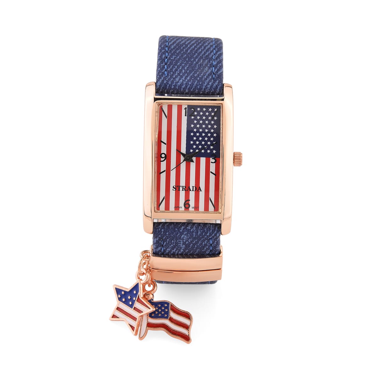 Strada Japanese Movement American Flag Pattern Watch with Blue Faux Leather Band and Matching Wooden Beaded Stretch Bracelet and Kimono image number 2