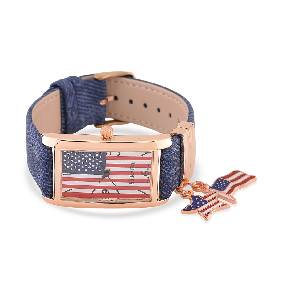 Strada Japanese Movement American Flag Pattern Watch with Blue Faux Leather Band and Matching Wooden Beaded Stretch Bracelet and Kimono image number 3