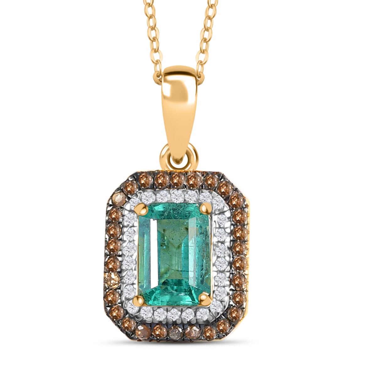 D'Joy Premium Kagem Zambian Emerald, Natural Champagne and White Diamond 0.75 ctw Art Deco Pendant Necklace in 18K Vermeil Yellow Gold Over Sterling Silver 20 Inches image number 0