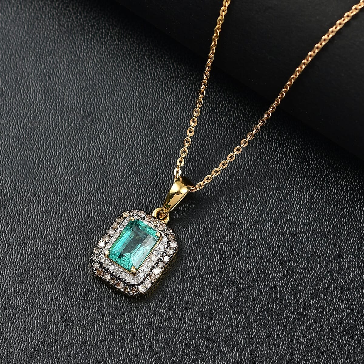 D'Joy Premium Kagem Zambian Emerald, Natural Champagne and White Diamond 0.75 ctw Art Deco Pendant Necklace in 18K Vermeil Yellow Gold Over Sterling Silver 20 Inches image number 1