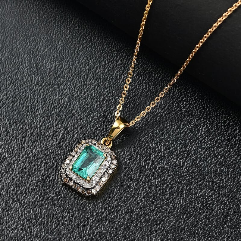 D'Joy Premium Kagem Zambian Emerald, Natural Champagne and White Diamond 0.75 ctw Art Deco Pendant Necklace in 18K Vermeil Yellow Gold Over Sterling Silver 20 Inches