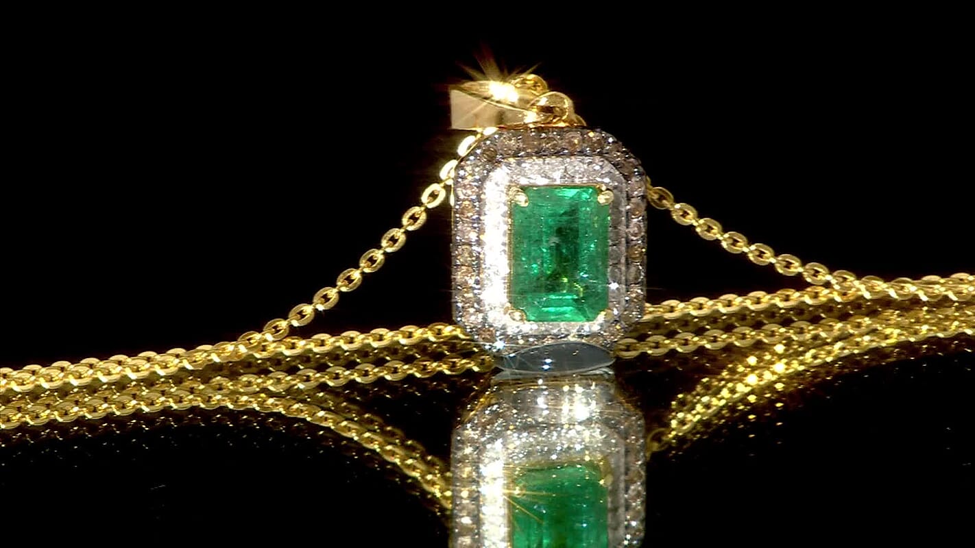 D'Joy Premium Kagem Zambian Emerald, Natural Champagne and White Diamond 0.75 ctw Art Deco Pendant Necklace in 18K Vermeil Yellow Gold Over Sterling Silver 20 Inches