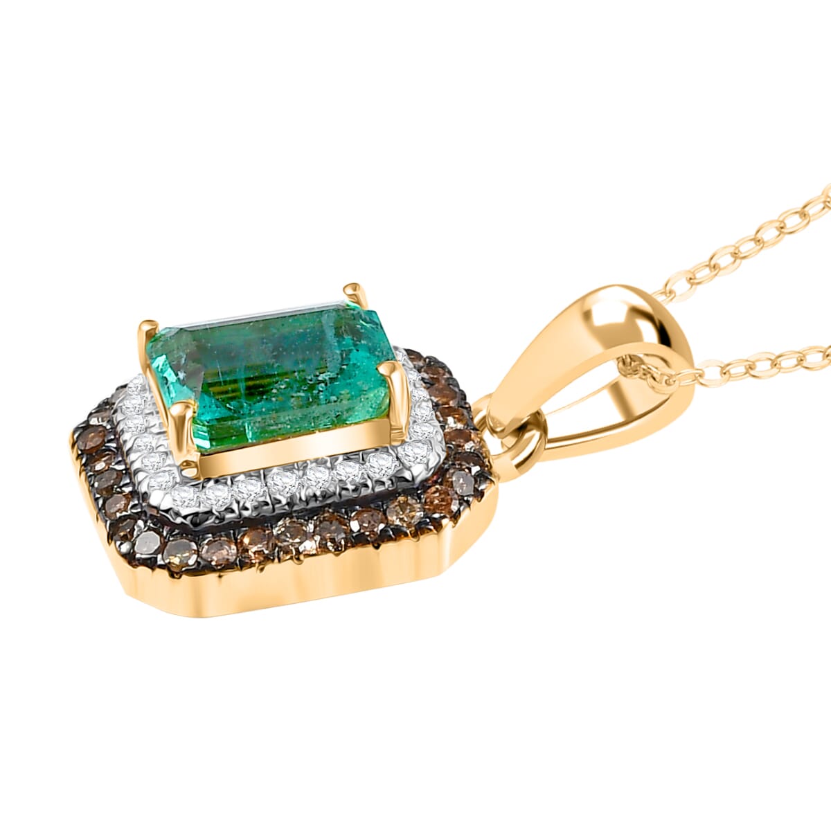 D'Joy Premium Kagem Zambian Emerald, Natural Champagne and White Diamond 0.75 ctw Art Deco Pendant Necklace in 18K Vermeil Yellow Gold Over Sterling Silver 20 Inches image number 3