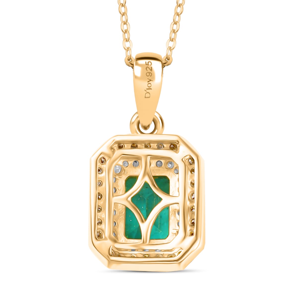 D'Joy Premium Kagem Zambian Emerald, Natural Champagne and White Diamond 0.75 ctw Art Deco Pendant Necklace in 18K Vermeil Yellow Gold Over Sterling Silver 20 Inches image number 4