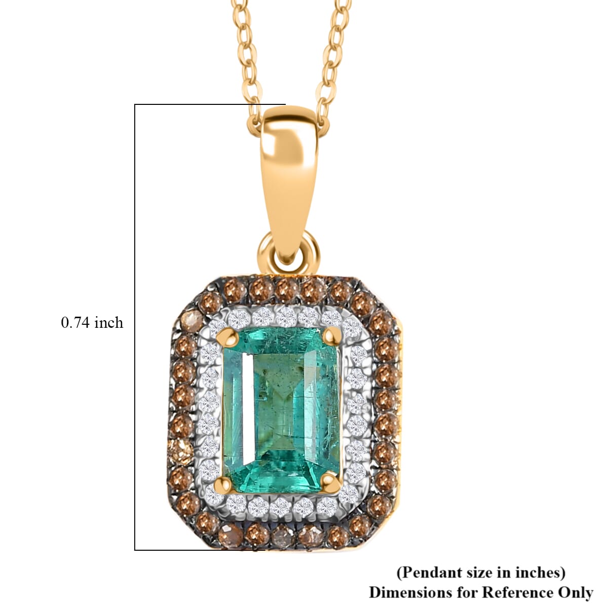 D'Joy Premium Kagem Zambian Emerald, Natural Champagne and White Diamond 0.75 ctw Art Deco Pendant Necklace in 18K Vermeil Yellow Gold Over Sterling Silver 20 Inches image number 5