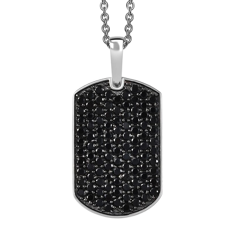 Karis Thai Black Spinel 2.60 ctw Dogtag Pendant in Platinum Bond with Stainless Steel Necklace 20 Inches