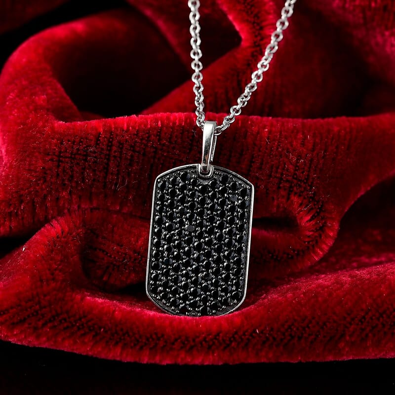 Karis Thai Black Spinel 2.60 ctw Dogtag Pendant in Platinum Bond with Stainless Steel Necklace 20 Inches