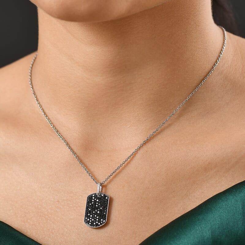 Karis Thai Black Spinel 2.60 ctw Dogtag Pendant in Platinum Bond with Stainless Steel Necklace 20 Inches