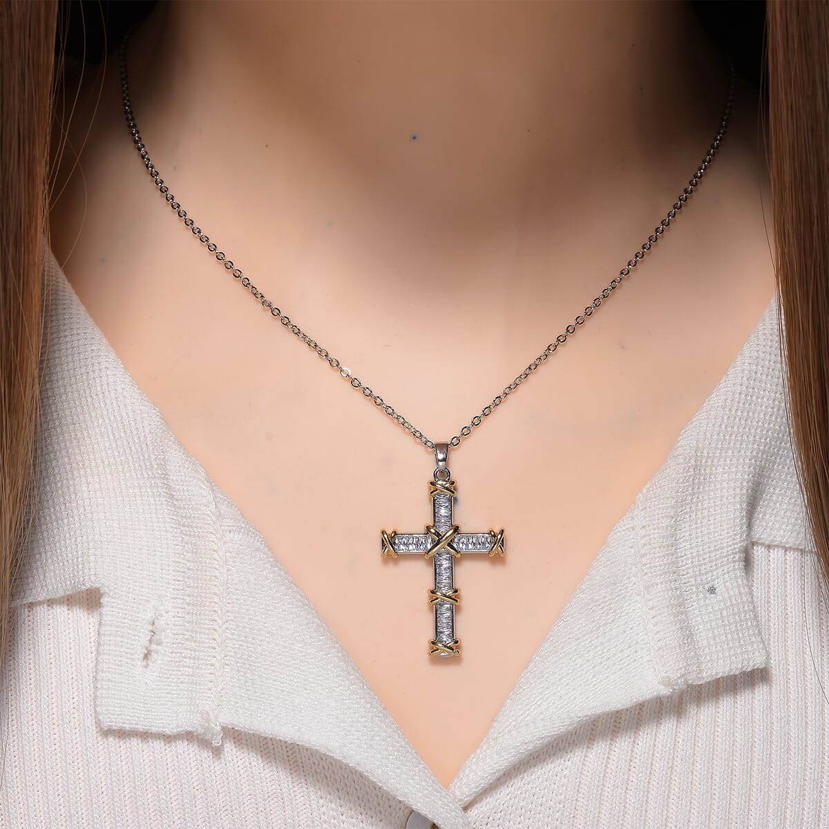 Karis Simulated Diamond XOXO Cross Pendant Necklace in 18K YG Plated and Platinum Bond 20-22 Inches image number 1