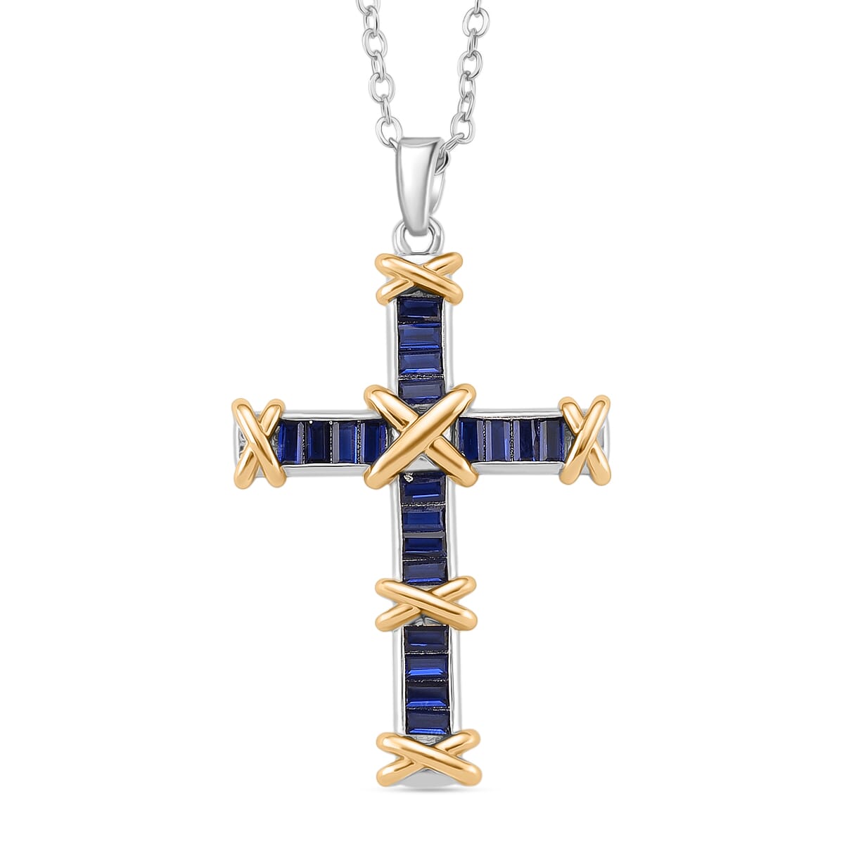 Karis Simulated Blue Diamond XOXO Cross Pendant Necklace in 18K YG Plated and Platinum Bond 20-22 Inches image number 0
