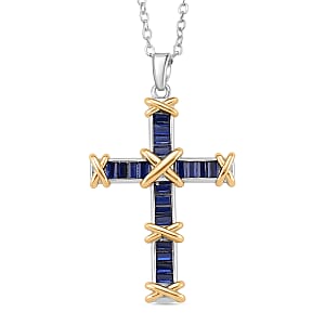 Karis Simulated Blue Diamond XOXO Cross Pendant Necklace in 18K YG Plated and Platinum Bond 20-22 Inches
