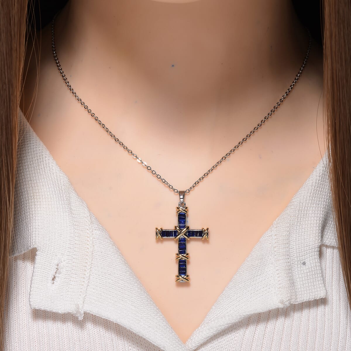 Karis Simulated Blue Diamond XOXO Cross Pendant Necklace in 18K YG Plated and Platinum Bond 20-22 Inches image number 1