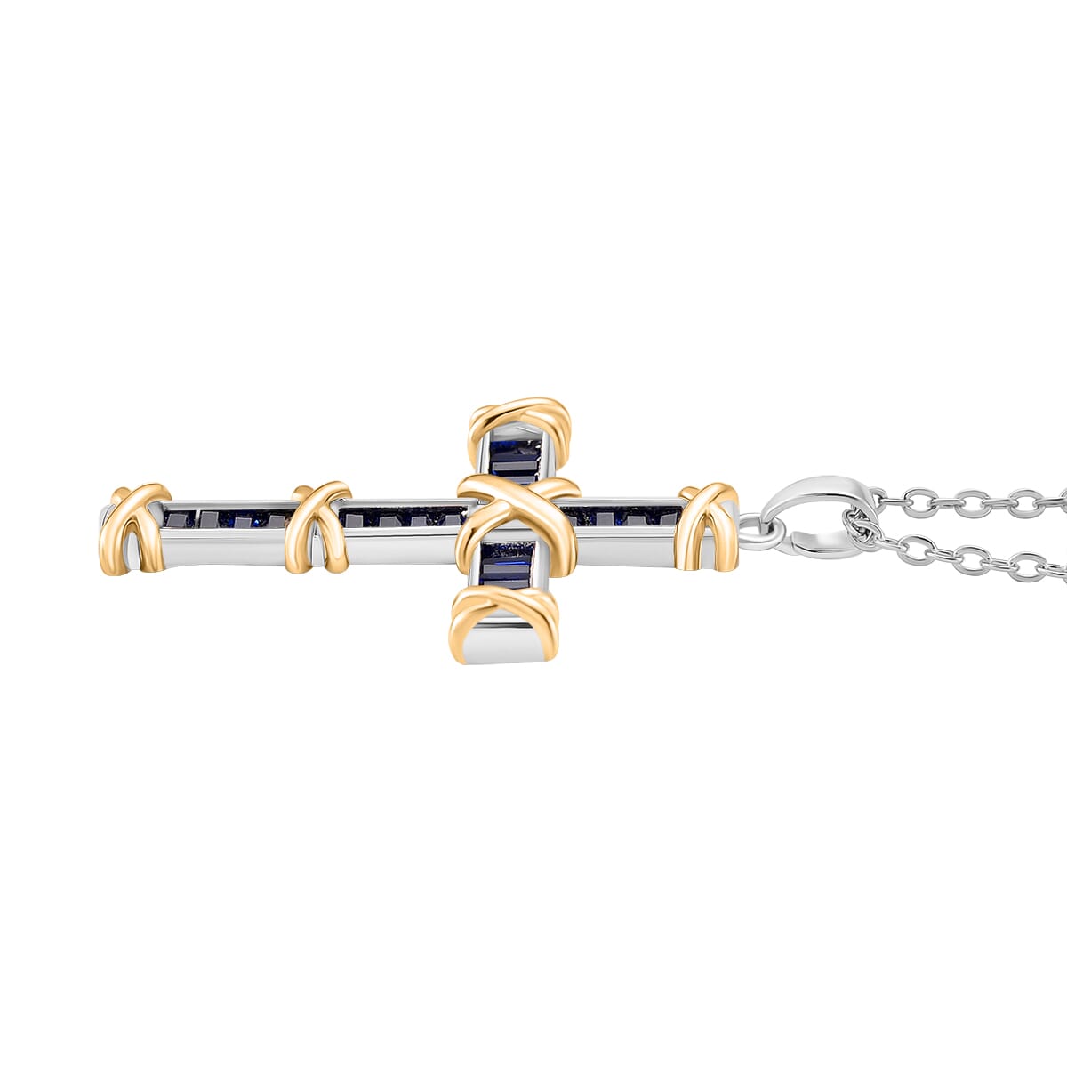 Karis Simulated Blue Diamond XOXO Cross Pendant Necklace in 18K YG Plated and Platinum Bond 20-22 Inches image number 2