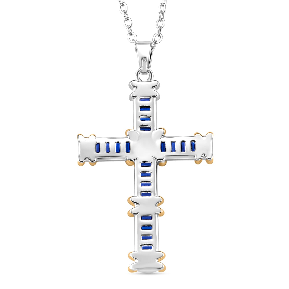 Karis Simulated Blue Diamond XOXO Cross Pendant Necklace in 18K YG Plated and Platinum Bond 20-22 Inches image number 3
